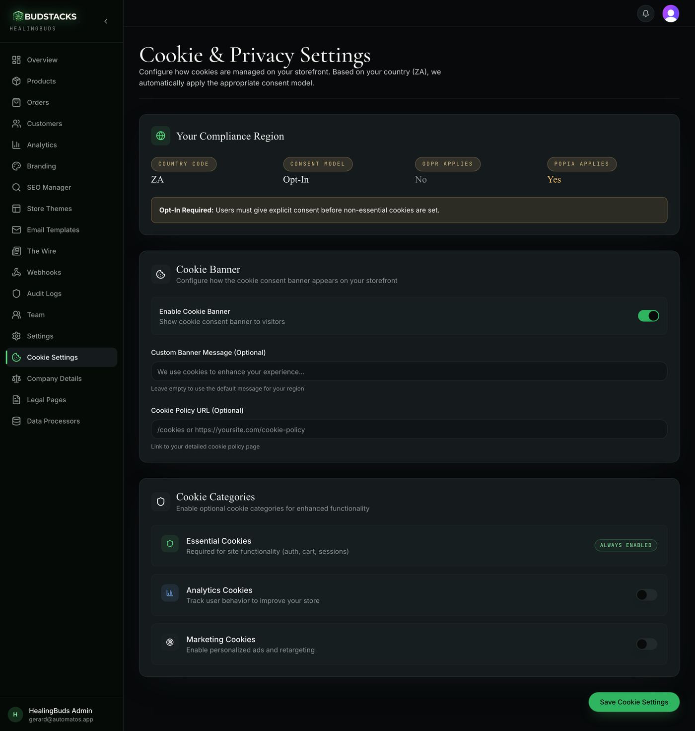 The Cookie & Privacy Settings page showing compliance region, cookie banner and cookie categories