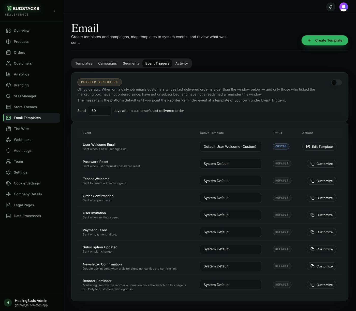 The Event Triggers tab mapping system events to templates