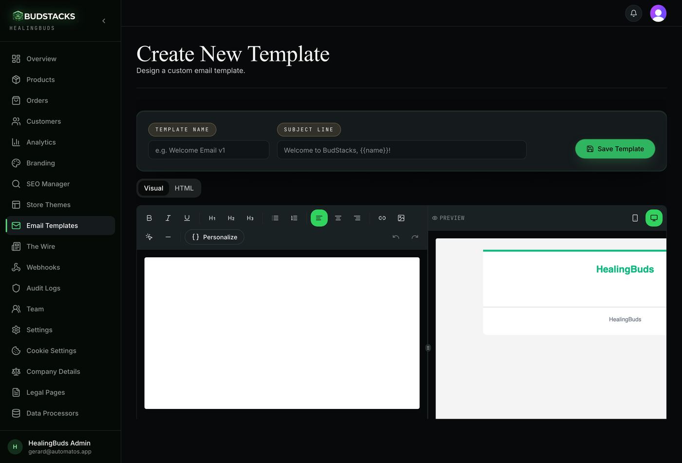 The visual email editor with live preview