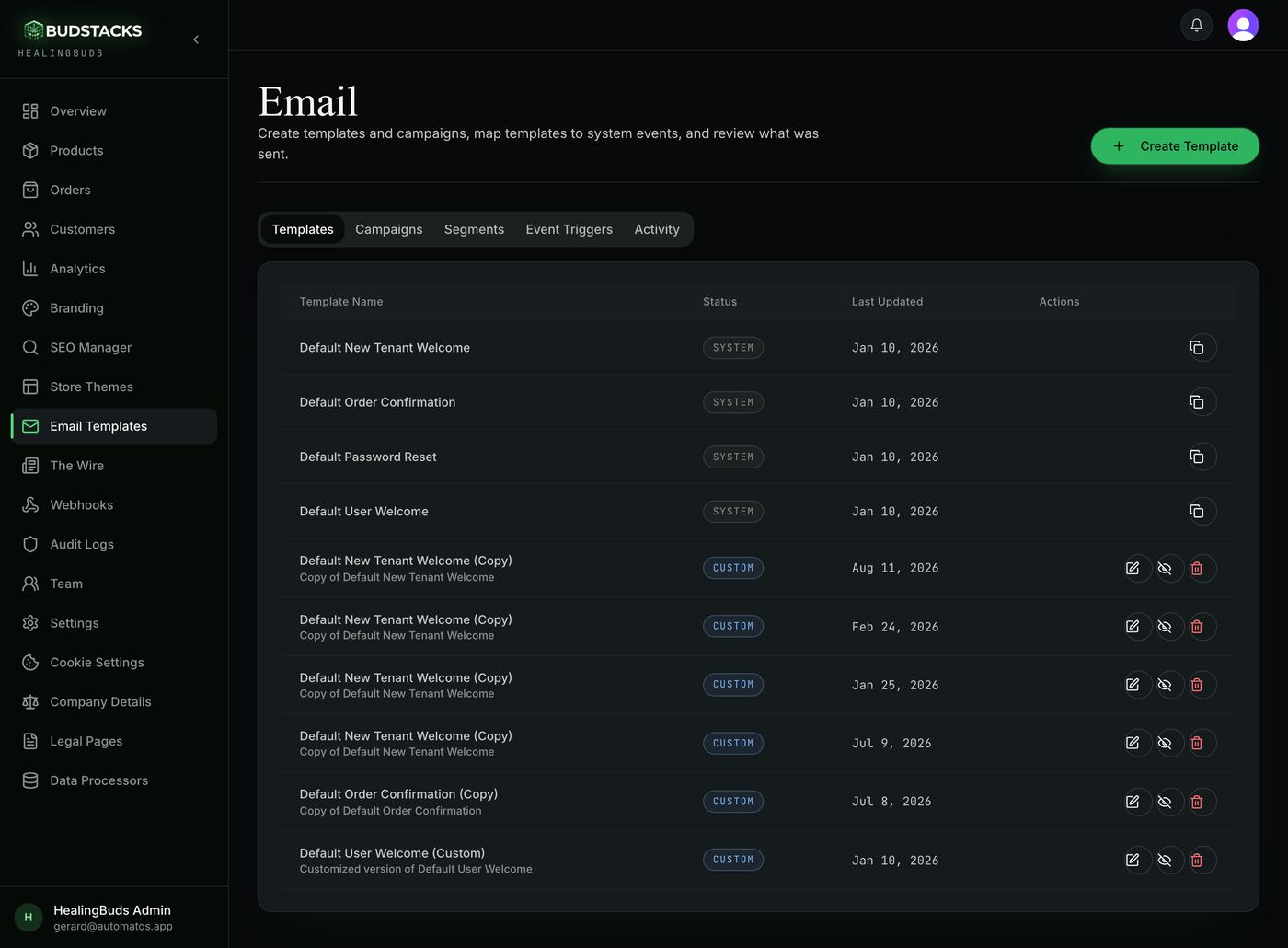 The Templates tab listing system and custom email templates