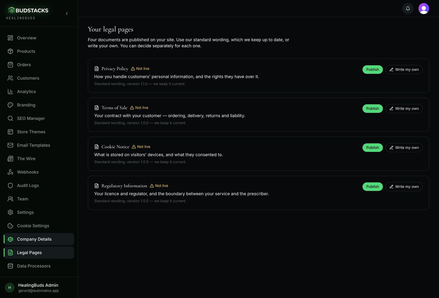 The Legal Pages screen listing the four legal documents with their status and actions