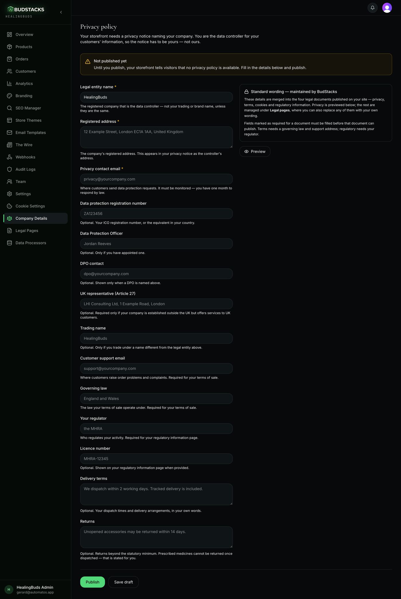 The Company Details page with the legal profile form and privacy policy preview