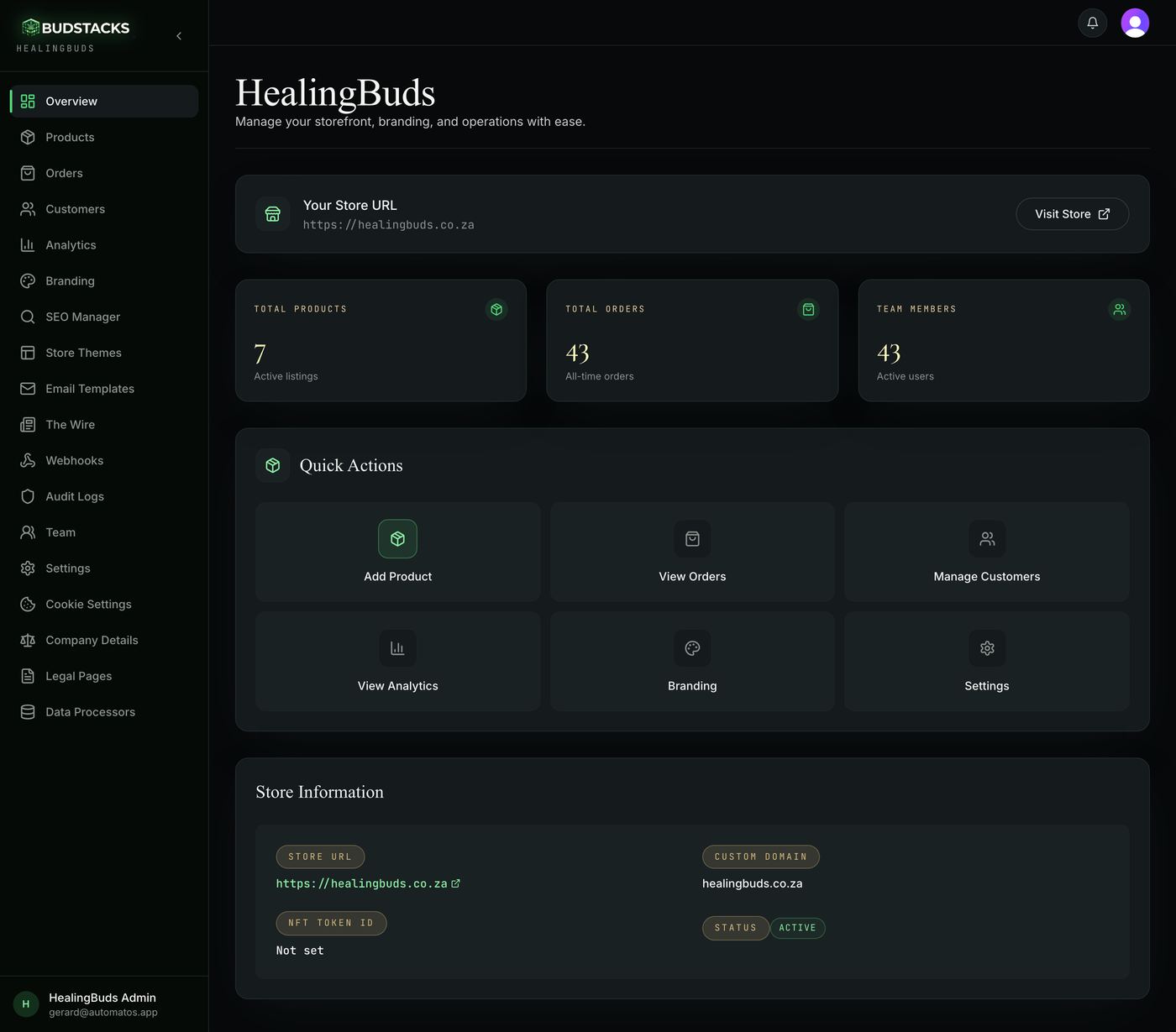 The tenant admin dashboard showing the store URL card, three stat cards, Quick Actions and Store Information