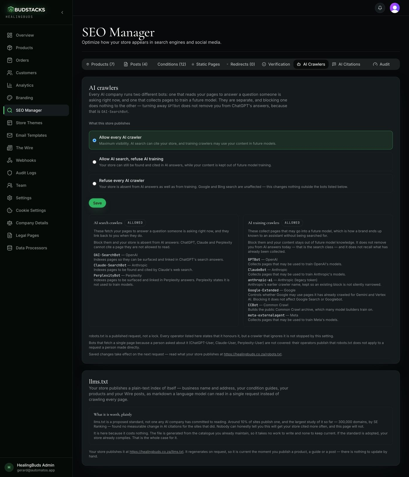 The AI Crawlers tab showing the policy options and the two classes of AI bot
