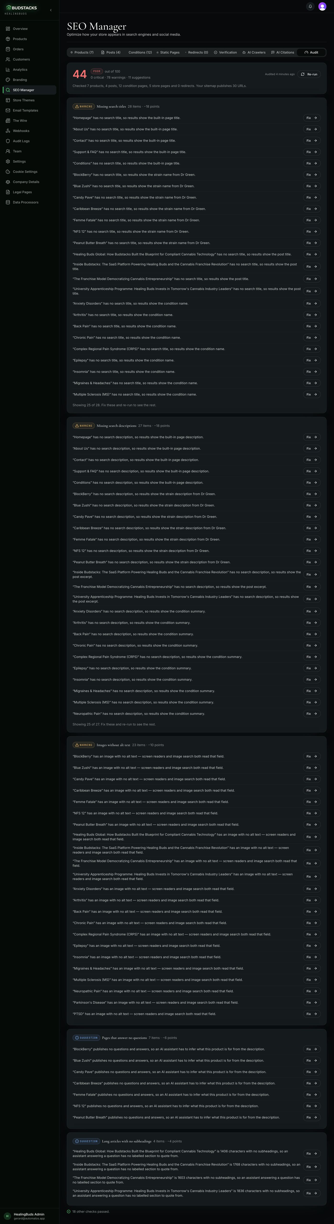 The Audit tab showing a score out of 100 and grouped findings with Fix buttons