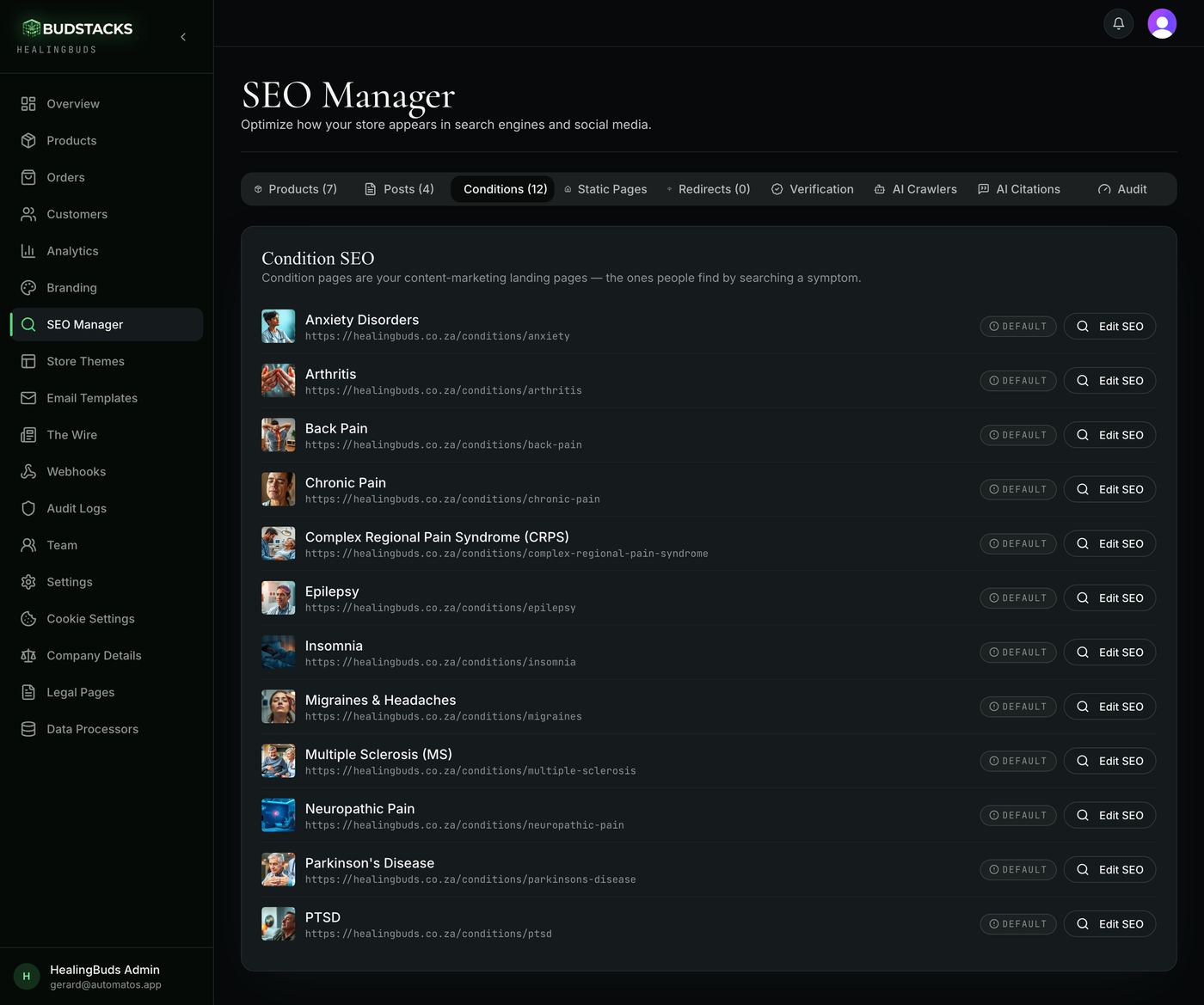 The Conditions tab of the SEO Manager listing condition pages