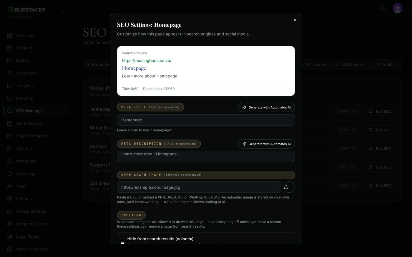 The SEO editor dialog showing a Google-style preview, title and description fields