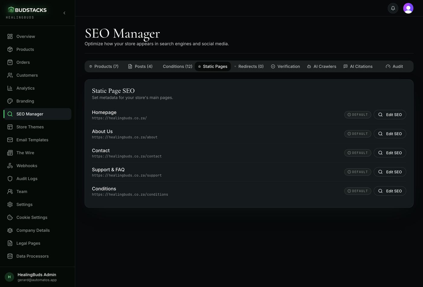 The Static Pages tab listing the homepage, About, Contact, Support and Conditions pages