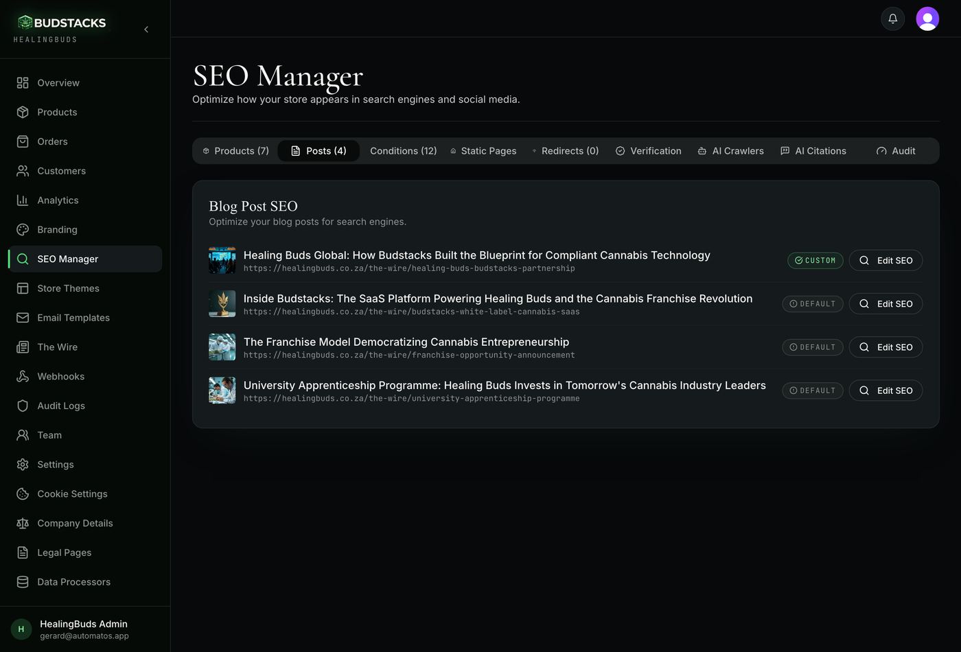 The Posts tab of the SEO Manager listing blog posts