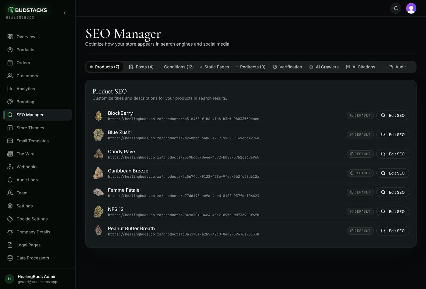 The Products tab of the SEO Manager listing products with Custom and Default badges