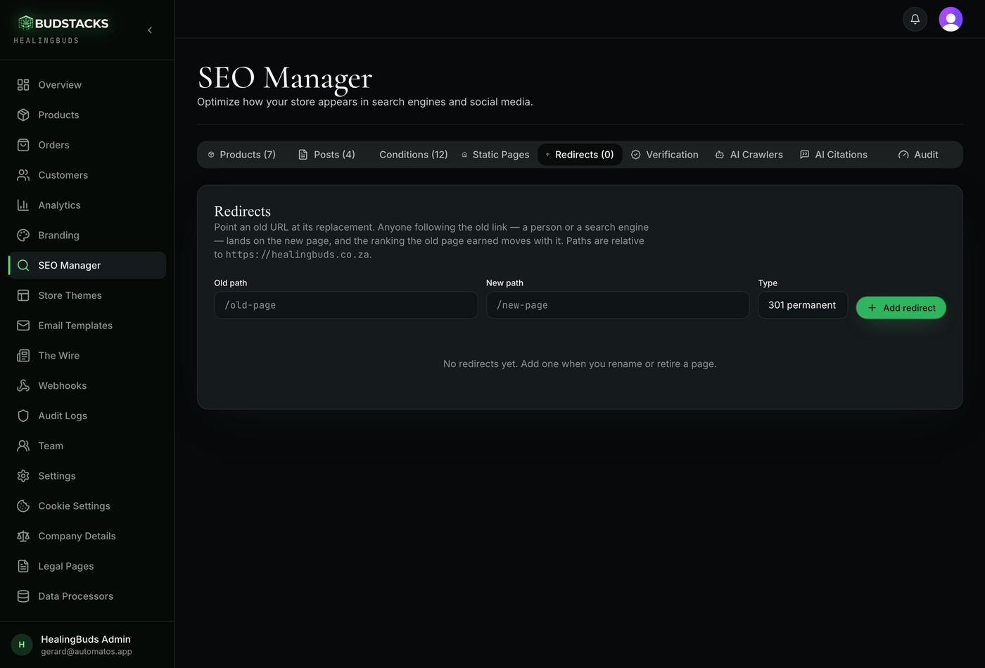 The Redirects tab with the add-redirect form and a list of existing rules
