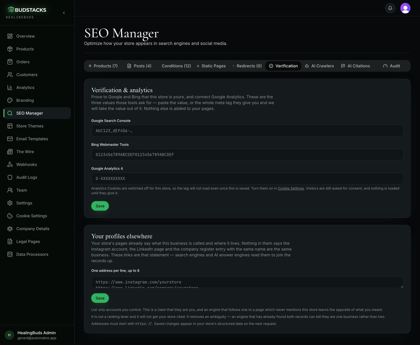 The Verification tab with Google, Bing and Google Analytics fields