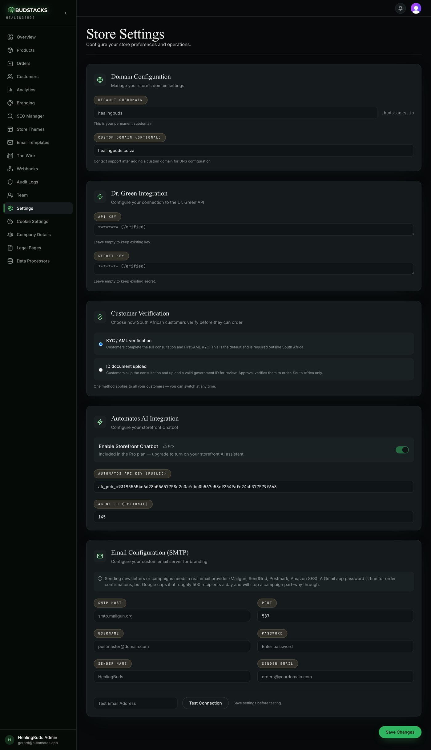 The Store Settings page showing the Domain, Dr Green, Customer Verification, Automatos AI and Email cards