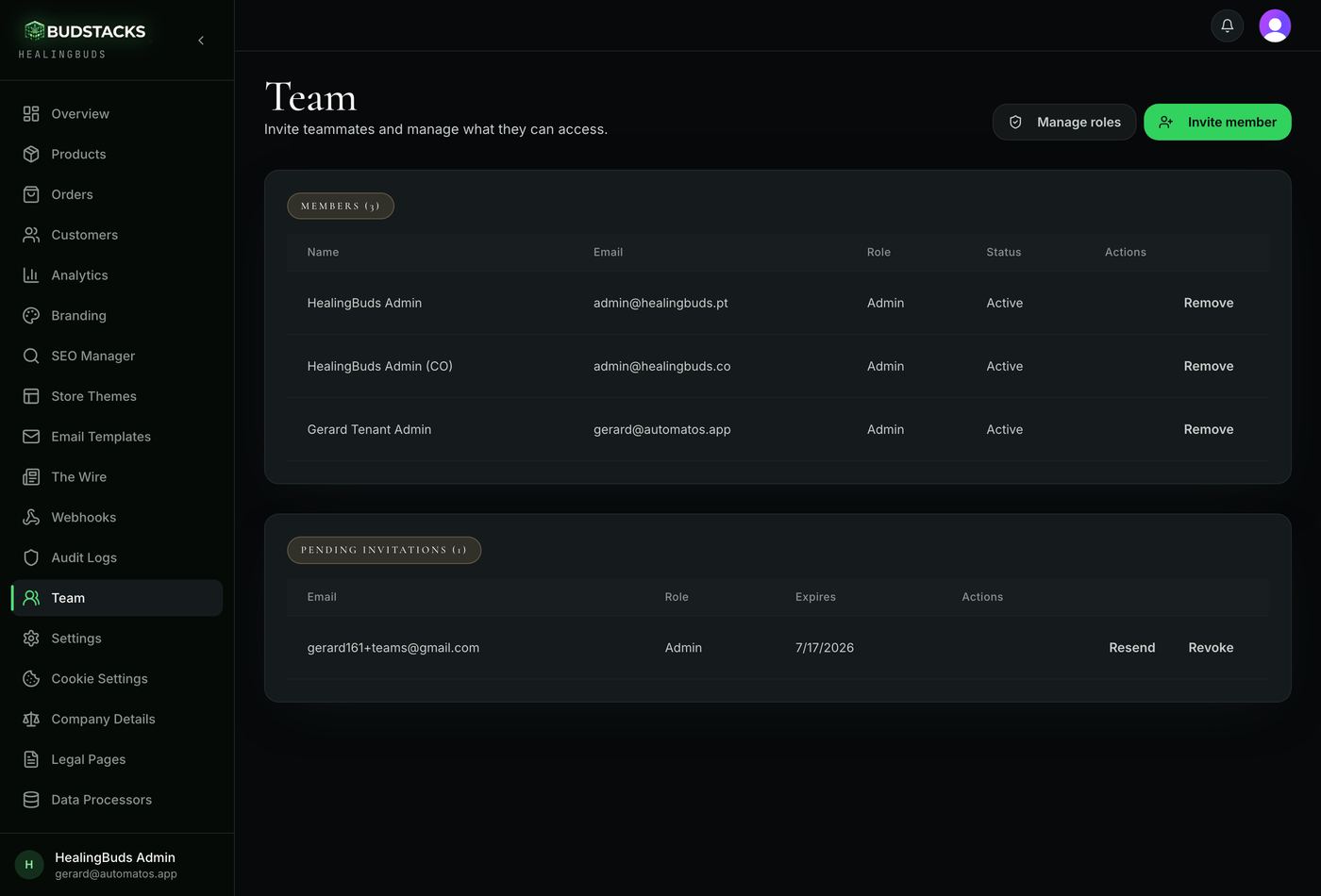 The Team page showing the members table and a pending invitations table