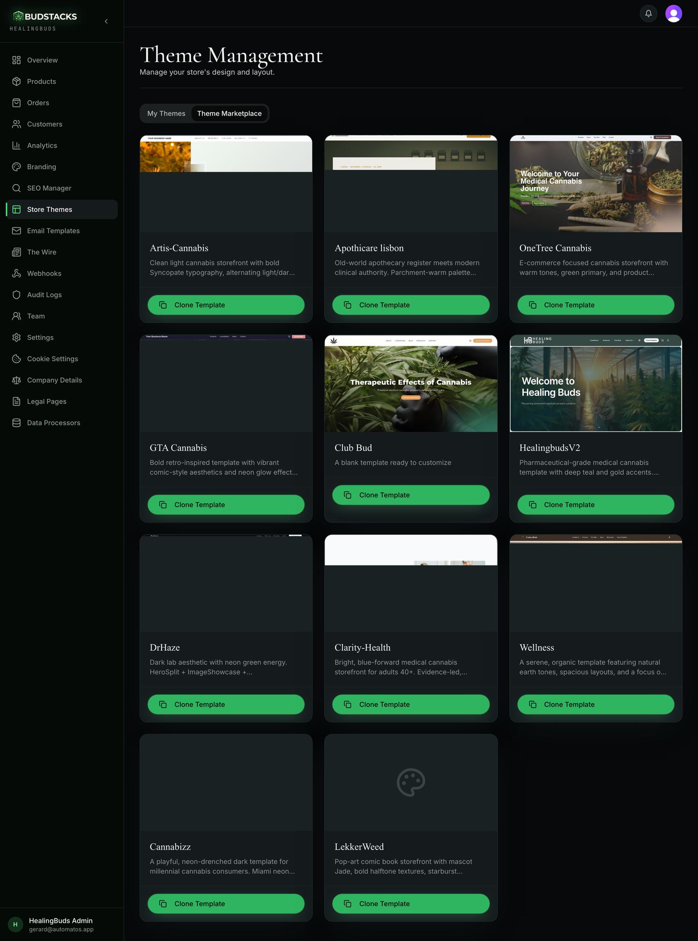 The Theme Marketplace tab showing available theme cards with Clone Template buttons