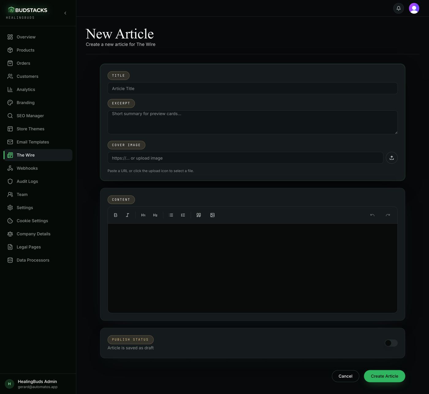 The Wire article editor with title, excerpt, cover image and rich text fields