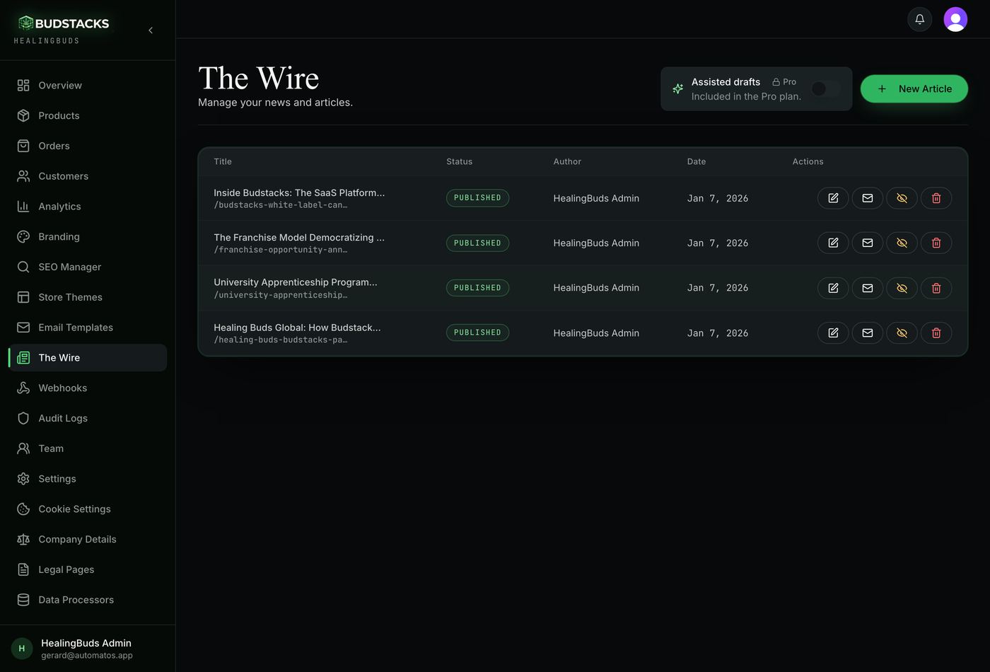 The Wire article list showing published and draft articles with their row actions