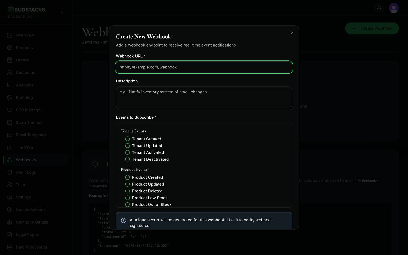 The Create New Webhook dialog with the URL field, description and grouped event checkboxes