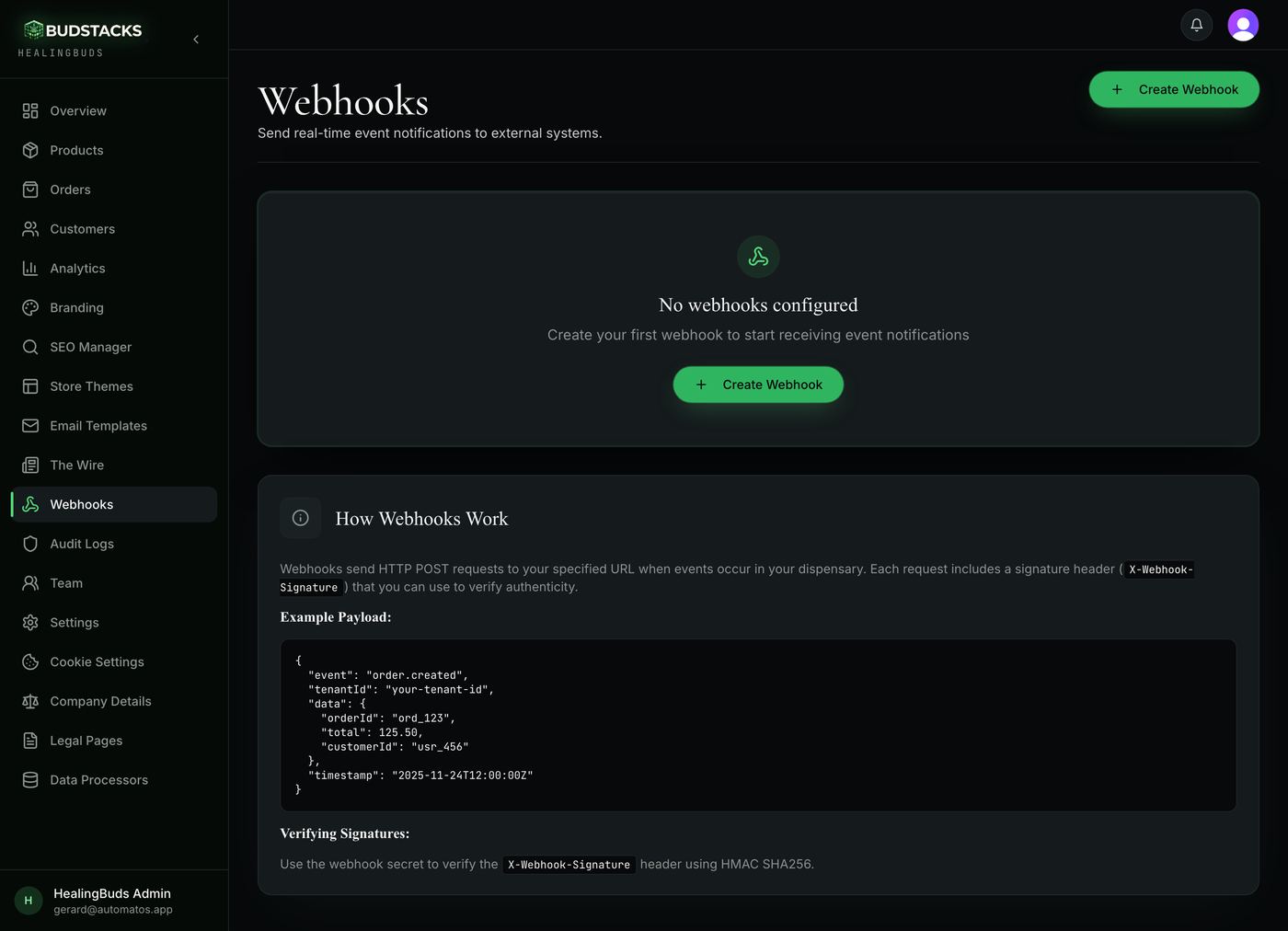 The Webhooks page listing configured endpoints with their events and signing secret